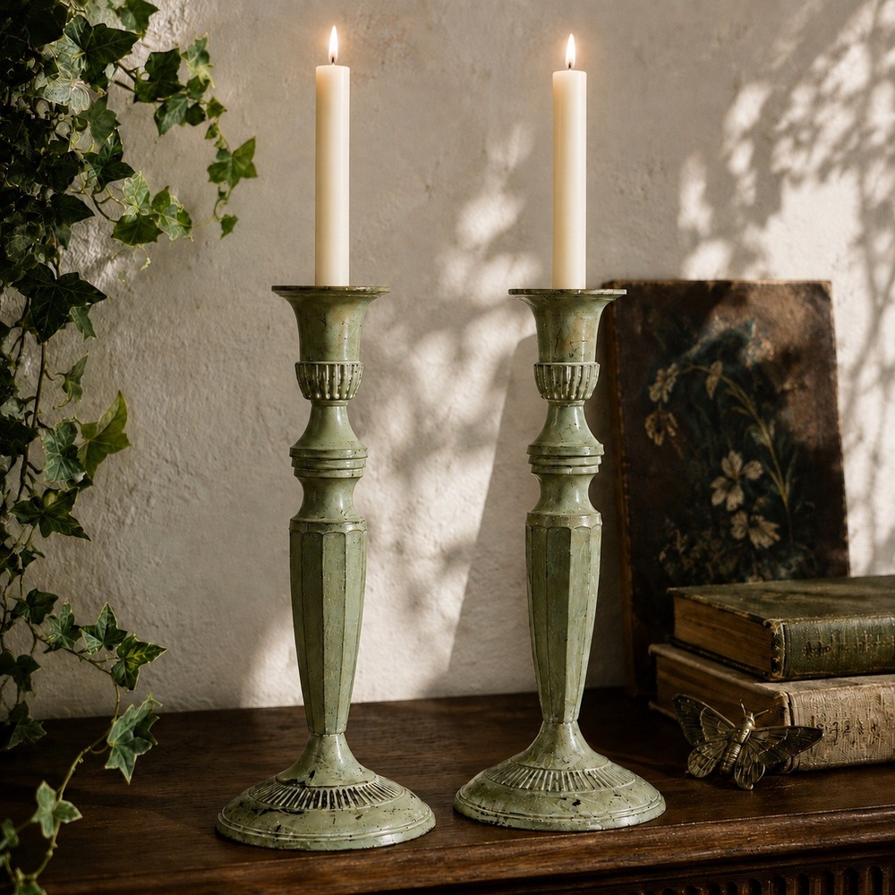 Set of 2 Green Distressed Metal Taper Candlesticks Shabby Chic Vintage 9.75in